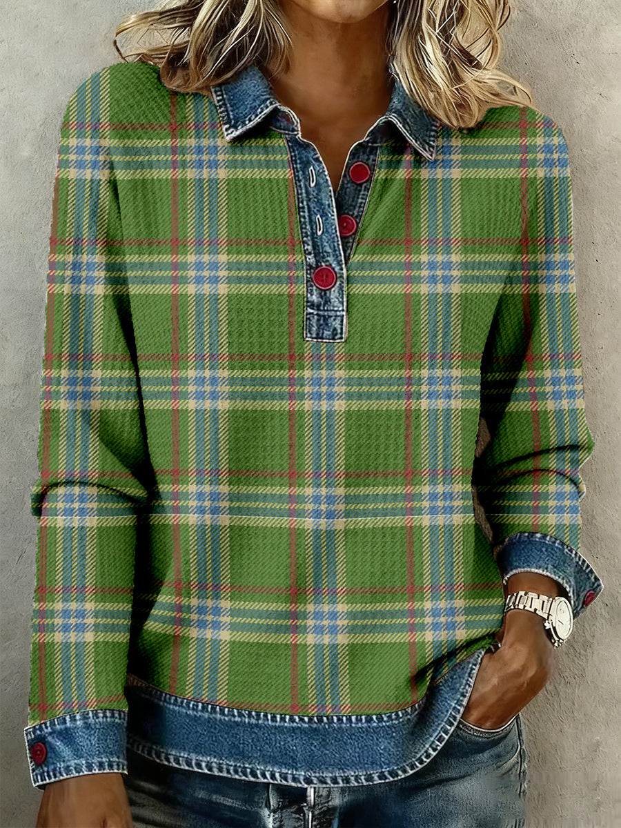 Women's Vintage Plaid Pattern Patchwork Art Waffle Top gracestitchs