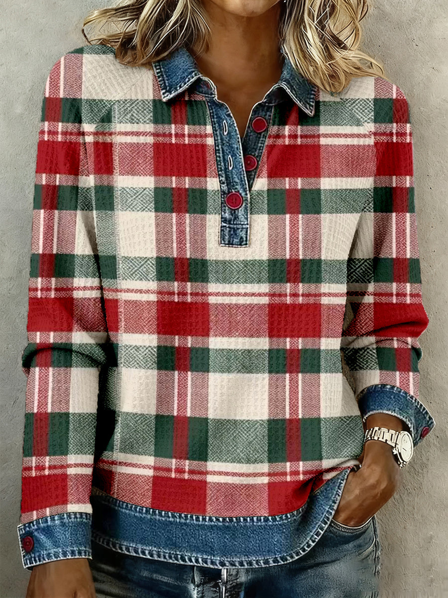 Women's Christmas Inspired Plaid Pattern Patchwork Art Waffle Top gracestitchs