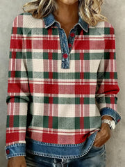 Women's Christmas Inspired Plaid Pattern Patchwork Art Waffle Top gracestitchs