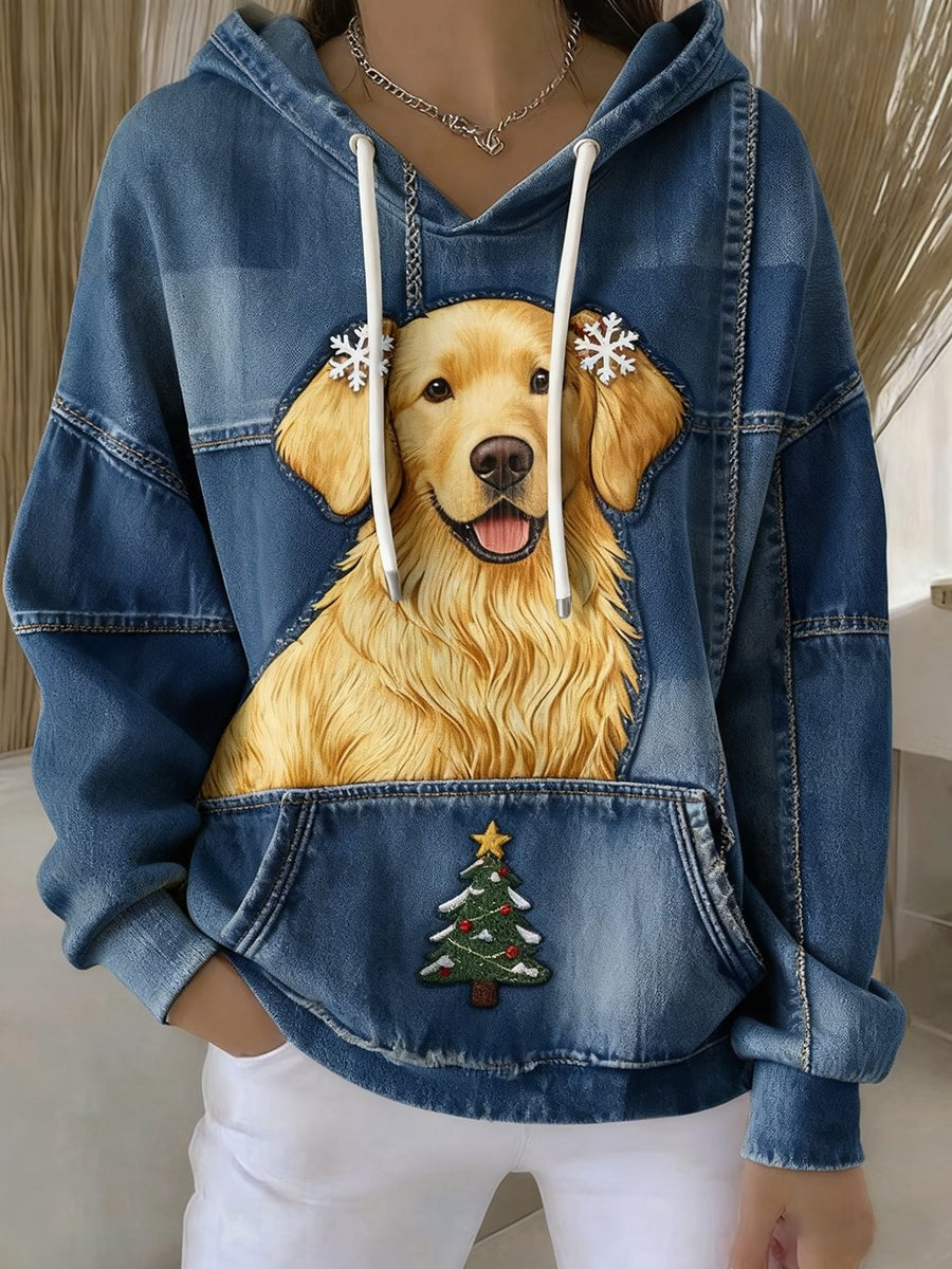 Women's Vintage Dog Art Print Casual Hoodie gracestitchs
