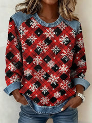 Women's Christmas Plaid Denim Collar Sweatshirt gracestitchs