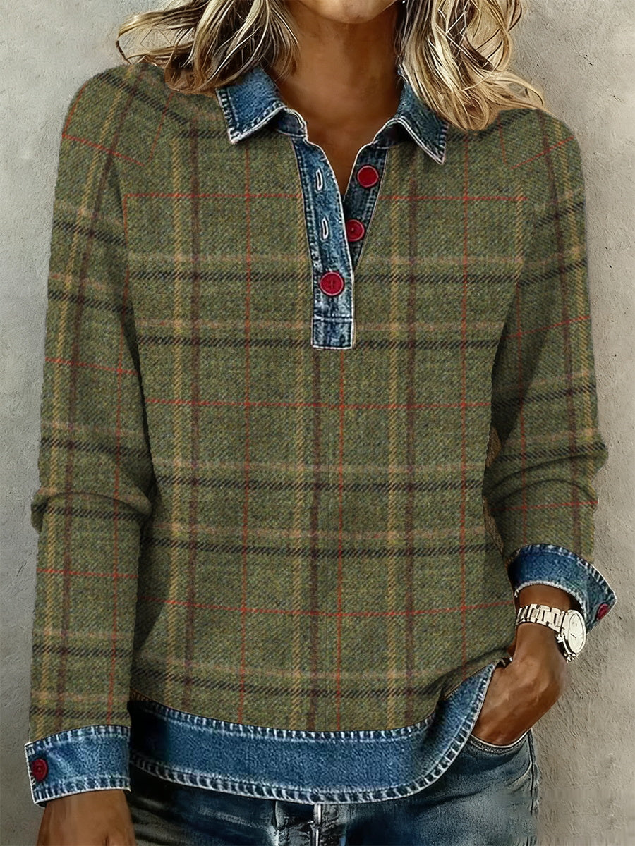 Women's Plaid Pattern Denim Collar Shirt gracestitchs