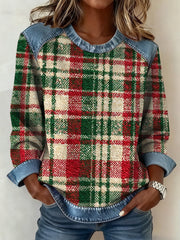 Women's Christmas Plaid Denim Collar Sweatshirt gracestitchs