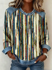 Women's Vintage Striped Textured Patchwork Art Sweatshirt gracestitchs