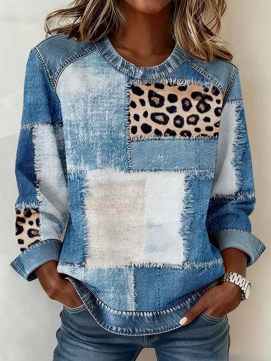 Women's Vintage Denim Texture Patchwork Art Sweatshirt gracestitchs