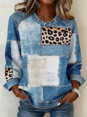 Women's Vintage Denim Texture Patchwork Art Sweatshirt gracestitchs