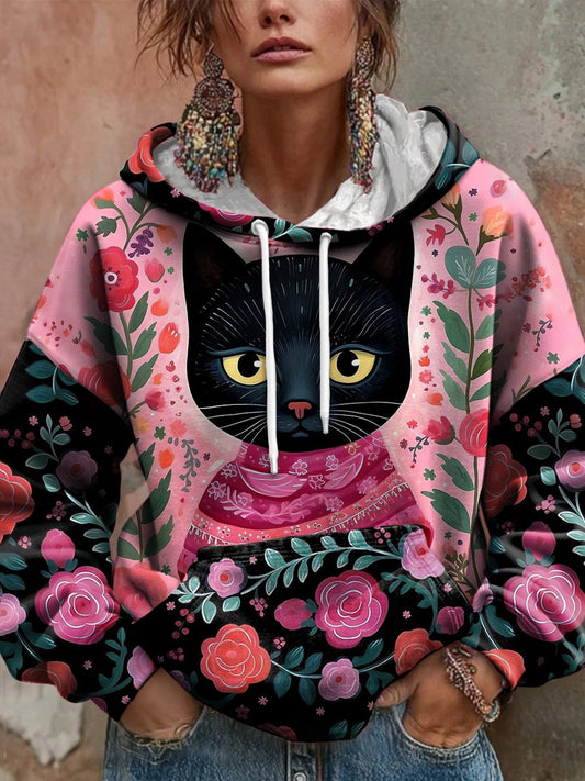 Women's Floral Cat Art Print Hoodie