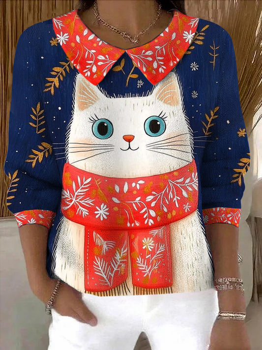 Women's Winter Cat Art Print Sweater