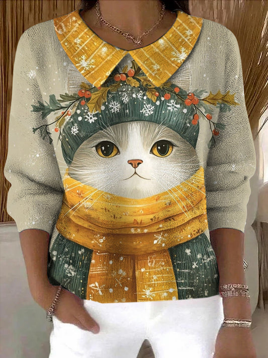 Women's Winter Cat Art Print Sweater