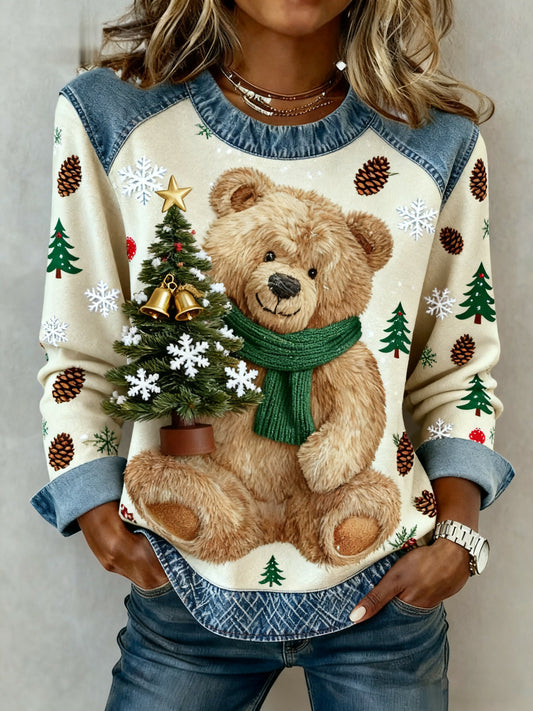 Women's Vintage Christmas Bear Tree Denim Patchwork Sweatshirt