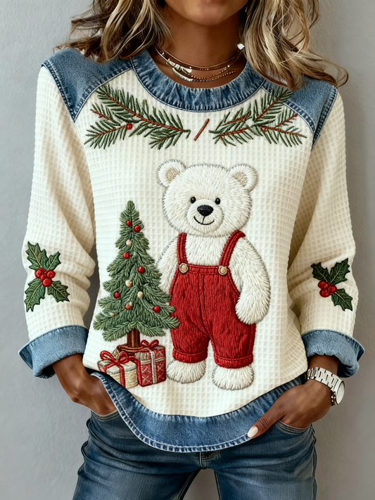 Women's Vintage Christmas Bear Tree Denim Patchwork Sweatshirt