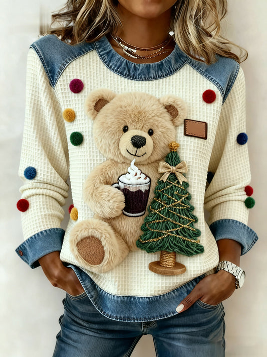 Women's Vintage Christmas Bear Tree Denim Patchwork Sweatshirt