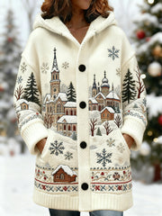 Women's Vintage Christmas Snow Scene Print Casual Hooded Mid-Length Cardigan