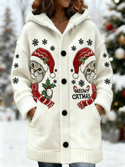 Women's Cute Christmas Cat Print Casual Mid-Length Hooded Cardigan