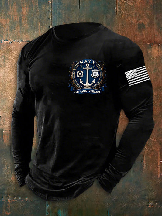 Men's Navy 250th Anniversary Printed long sleeve round neck T-shirt
