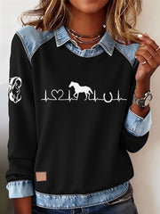 Women's Retro Horse Print Horse Lovers Casual Sweatshirt