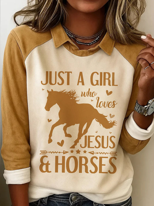 Women's Just A Girl Who Loves Jesus And Horses Print Casual Sweatshirt