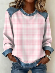 Women's Breast Cancer Pink Inspired Plaid Pattern Patchwork Art Sweatshirt