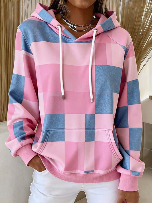 Women's Contrast Color Plaid Pattern Hoodie