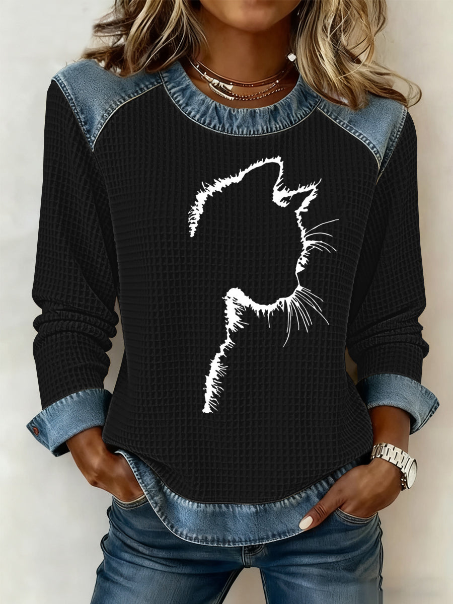 Women's Cute Cat Print Waffle Sweatshirt gracestitchs