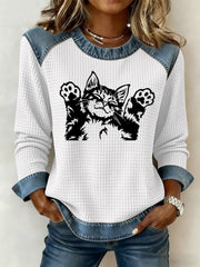 Women's Cute Cat Print Waffle Sweatshirt