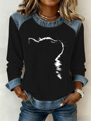 Women's Cute Cat Print Waffle Sweatshirt