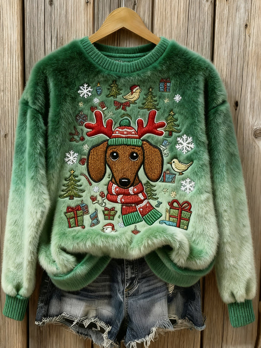 Women's Christmas Dachshund Dog Art Cozy Flannel Sweater