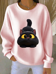 Women's Funny Black Cat Ribbed Round-Neck Sweatshirt