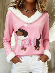 Women's Felt Art Dachshund Pattern Furry Top