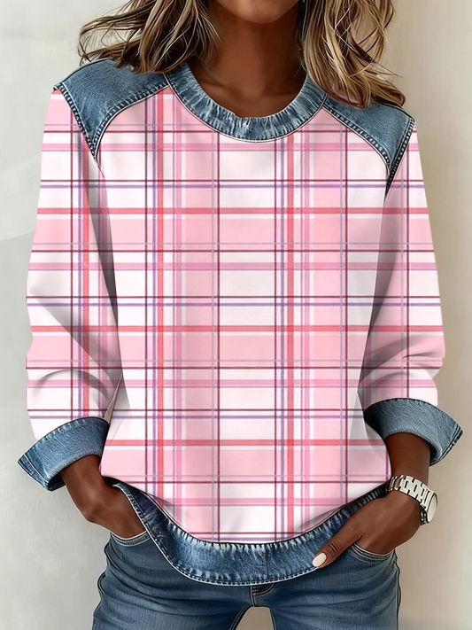 Women's Pink plaid print Denim patchwork Sweatshirt