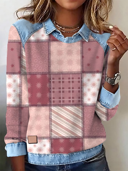 Women's Pink plaid print Denim patchwork Sweatshirt