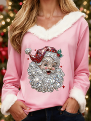 Women's Santa Claus Print Casual Fur Collar Top