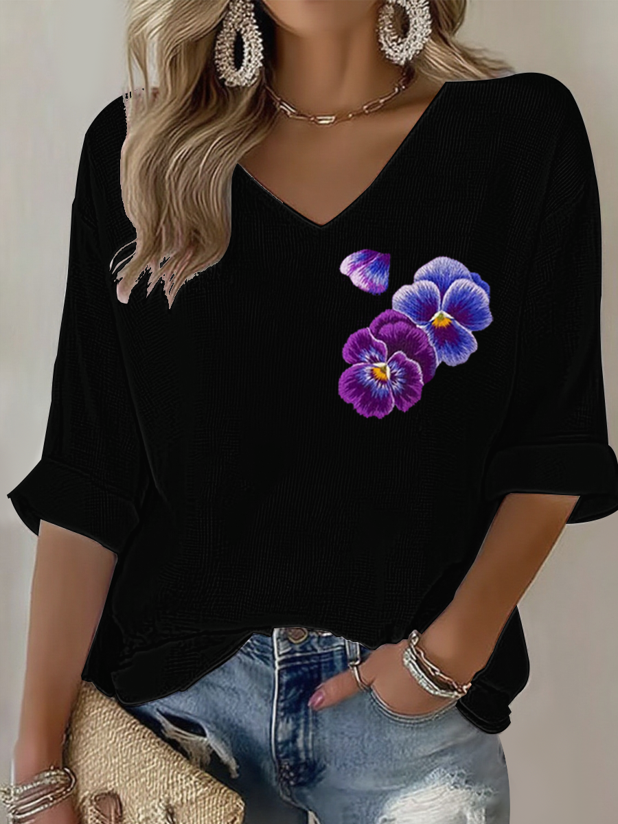 Women's Purple flowers Art Design Print Waffle Long Sleeve T-Shirt gracestitchs