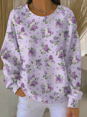 Women's Casual Purple Floral Texture Ribbed Round-Neck Sweatshirt