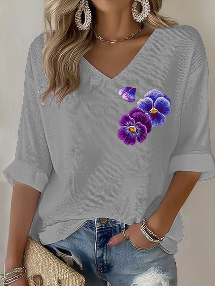Women's Purple flowers Art Design Print Waffle Long Sleeve T-Shirt gracestitchs
