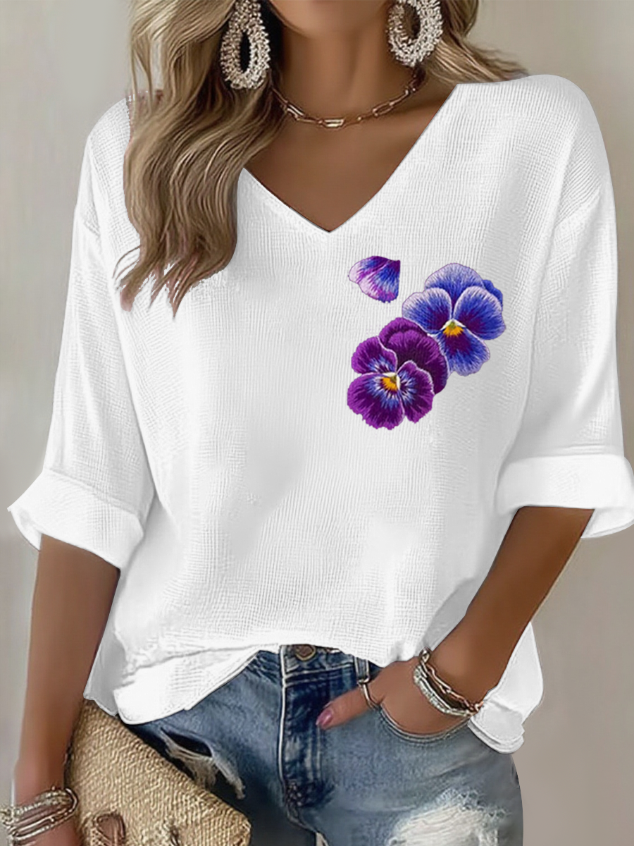 Women's Purple flowers Art Design Print Waffle Long Sleeve T-Shirt gracestitchs
