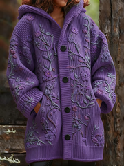 Women's Casual Purple Floral Thickened Cardigan gracestitchs
