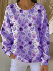 Women's Casual Purple Floral Texture Ribbed Round-Neck Sweatshirt gracestitchs