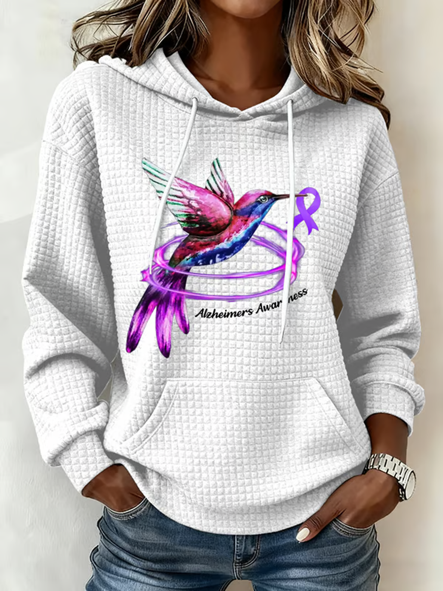 Women's Alzheimer's Hummingbird Art Print Gingham Fabric Hooded Sweatshirt gracestitchs