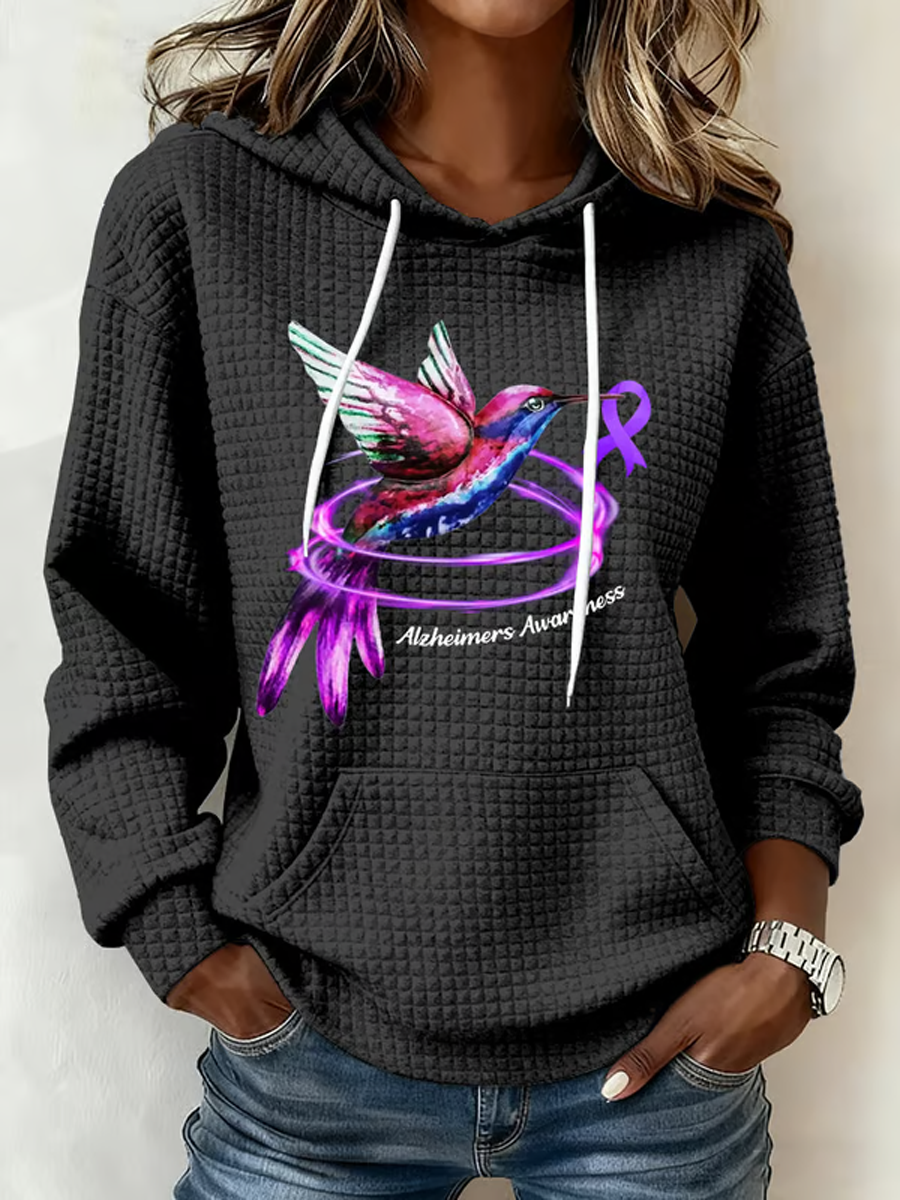 Women's Alzheimer's Hummingbird Art Print Gingham Fabric Hooded Sweatshirt gracestitchs