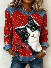 Women's Vintage Christmas Cat Denim Patchwork Sweatshirt