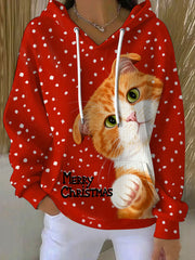 Women's Vintage Christmas Cat Printed Hoodie