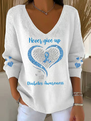 Women's Never Give Up – Diabetes Awareness Print V Neck Sweater
