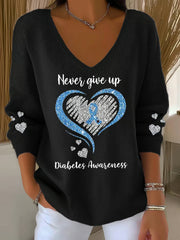 Women's Never Give Up – Diabetes Awareness Print V Neck Sweater