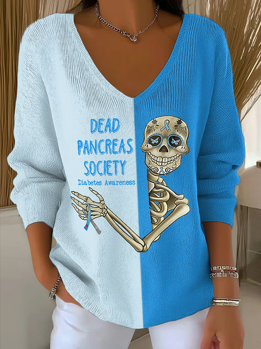 Women's Dead Pancreas Society – Diabetes Awareness Print V Neck Sweater