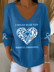 Women's I'M Wear Blue For Diabetes Awareness Print V Neck Sweater
