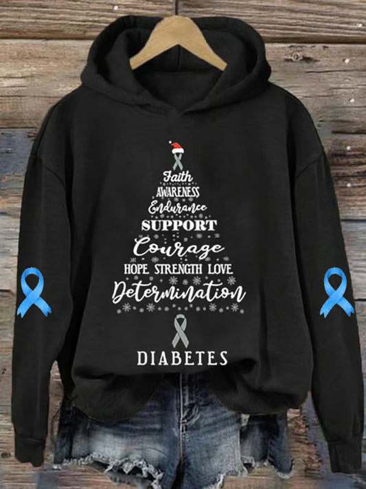 Women's Diabetes Awareness Christmas Hope Print Hoodie Long Sleeve Sweatshirt