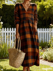 Women's Vintage Plaid Pattern Cozy V-Neck Dress
