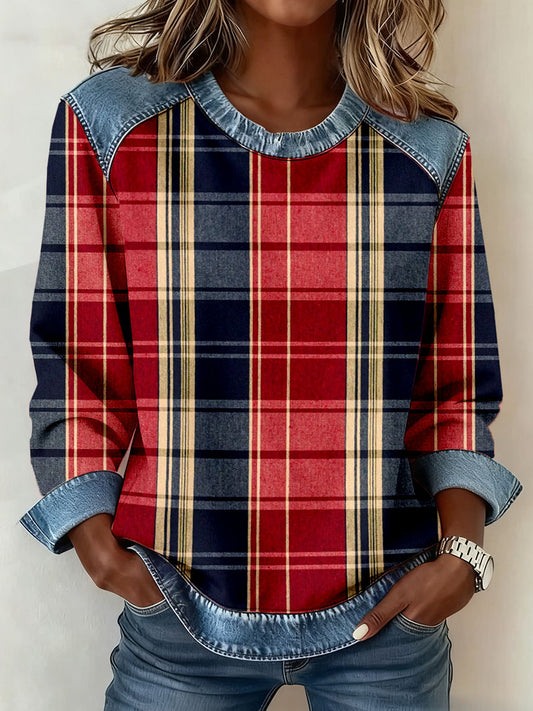 Women's Vintage Plaid Pattern Patchwork Sweatshirt