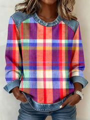 Women's Colorful Plaid Pattern Patchwork Sweatshirt